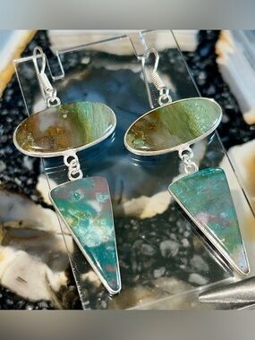 Combo of Green Moss Agate & Bloodstone Jasper Crystal Earrings 2 1/2”